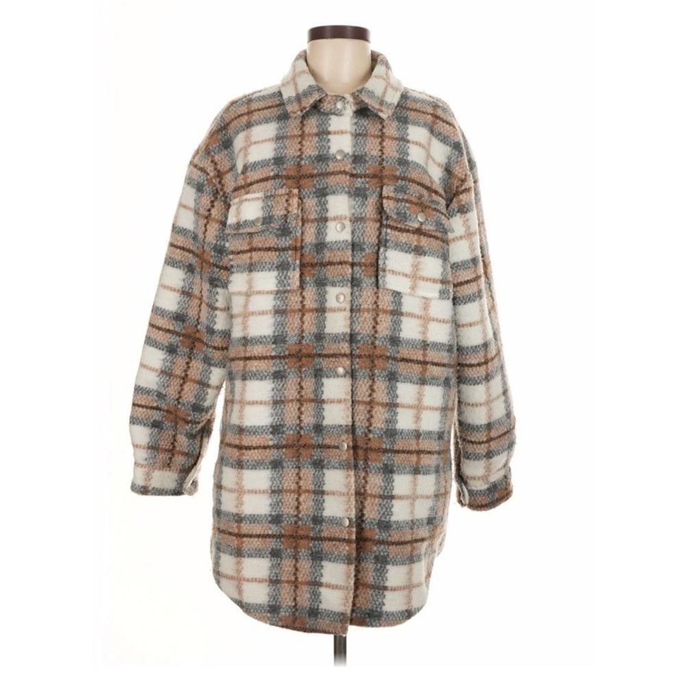 Veveret Plaid Oversized Flannel Long Jacket Shacket Brown White Tan Medium Fall